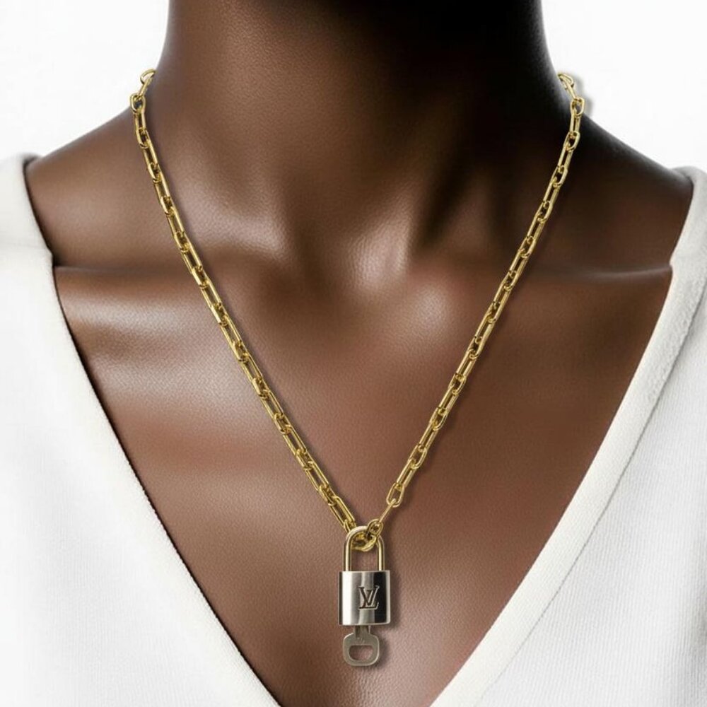 Authentic Louis Vuitton Gold Padlock w/Unbranded Stainless Steel Chain Necklace